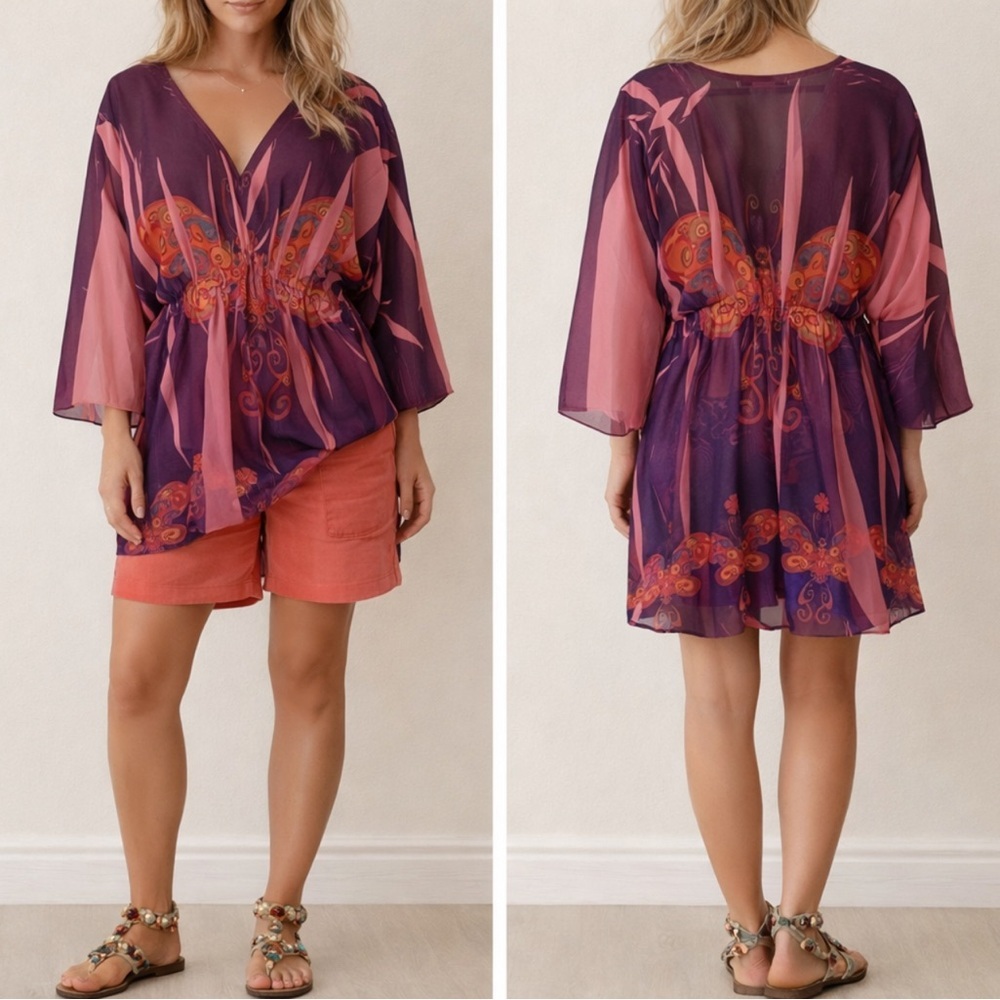 Vintage Daniel Benjamin Semi Sheer Tunic Casual Boho Hippie Colorful Fairy